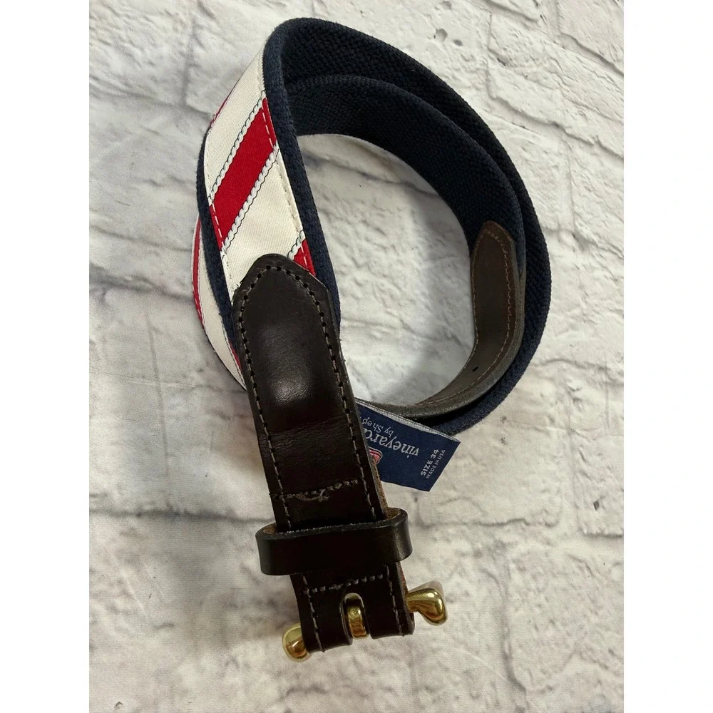 Vineyard Vines Canvas Belt Mens 34 Red White Holiday Stripe Leather